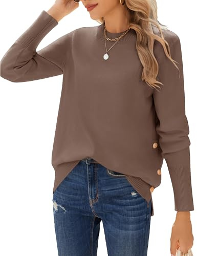 Zeagoo Pull Femme Automne Hiver Col Rond Manches Longues Tricoté Élégant Décontracté Pull-Over avec Boutons Côté Sweater S-XXL Marron S