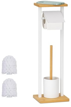 Relaxdays Serviteur WC, Non Fixe, 2 têtes de Brosse de Rechange, H x L x P : 73,5 x 20 x 20 cm, Blanc et Nature