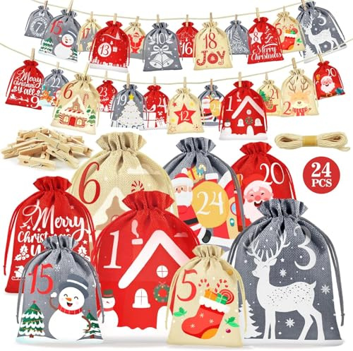 Adventskalender för fyllning barn 24 påsar, 2025 julkalender gör-det-själv-fyllning 4 storlekar, gör-det-själv adventskalender säckar jultomten för barn och vuxna (24 st–1)