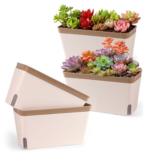 lalago Selbstbewässernder Blumentopf, Set von 4 27cm Blumenkasten Kräutertopf mit ERD-Bewässerungs-System für die Küche, Rechteckige Kunststoff Blumentöpfe für Küche Balkon Fensterbank (Braun)