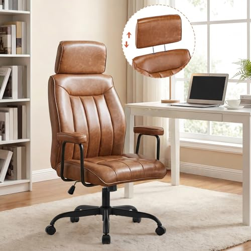 Ckaff Fauteuil de Bureau, Chaise de Bureau Ergonomique avec Appui-tête Réglable, Fauteuil de Direction en Cuir PU avec Dossier Inclinable et Hauteur Réglable, Chaises d'Ordinateur Pivotante, Brun