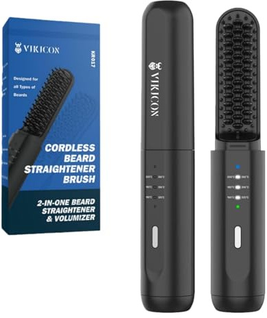 VIKICON Beard Straightener Comb for Men, Wireless Beard Straightening Brush | 3 Adjustable Temperature Levels, Rechargeable Ionic Brush for Hair & Beard, Anti-scald, Portable, Black
