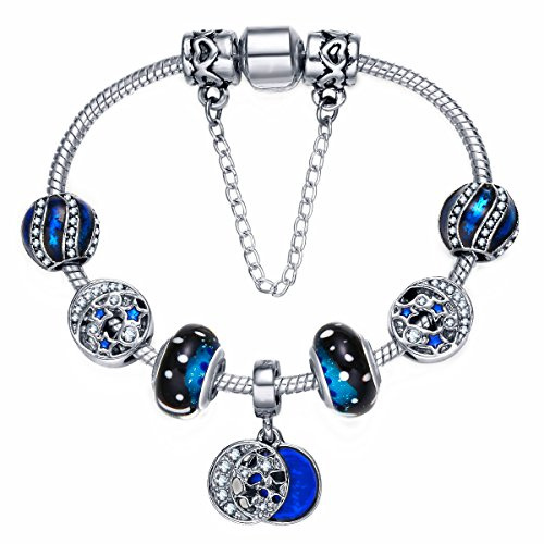Presentski Charm Bracelet 925 Argent plaqué avec Étoiles Lune et Perles Bleues Cadeau de Noël pour Les Femmes