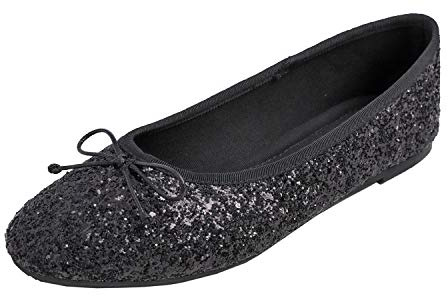 Feversole Women's Macaroon Shiny Memory Foam Cushion Insock Glitter Around Toe Ballet Flat Pumps Glitter Black 6