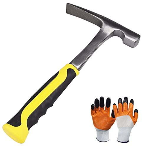 Steinschlaghammer, flacher Kopf, 28,4 cm, Geologie-Hammer, Maurerhammer mit stoßabsorbierendem Griff für Bergbau, Geologische Prospektion, 1 Paar Handschuhe