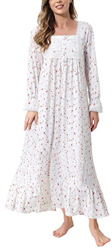 Rubehoow Chemise de nuit vintage à manches longues boutonnée sur le devant en coton doux de style victorien avec poches, Rose vintage, XL