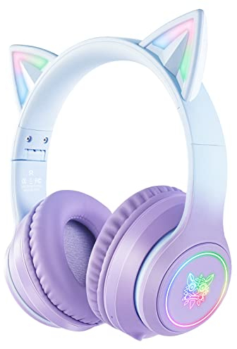 Bluetooth Cat Ear Headphones for Kids & Adults, Wireless & Wired Mode Foldable Headset with Mic - Clear Sound Quality - RGB LED Light, for Girls School Gaming, for Phone/Laptop/PC/Tablet, Purple