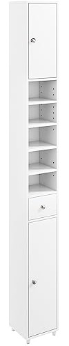 COSTWAY Slim Bathroom Tall Cabinet, Freestanding Storage Cupboard with 2 Doors, 1 Drawer & Adjustable Shelves, Wooden High Floor Cabinet Unit for Bathroom Living Room Kitchen, 20x20x180cm (White)