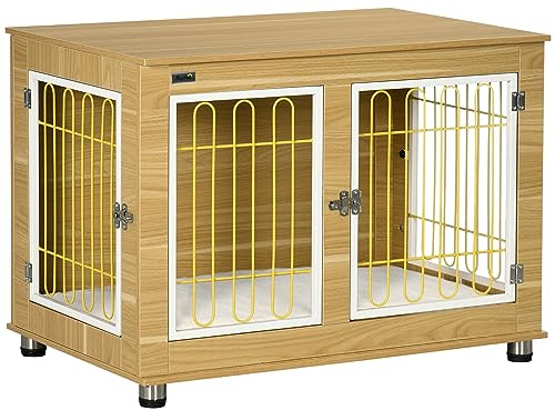 PawHut Dog Crate Furniture, Indoor Dog Kennel Side End Table with Cushion, Double Doors, for Medium and Large Breeds, 90 x 58 x 65 cm, Oak