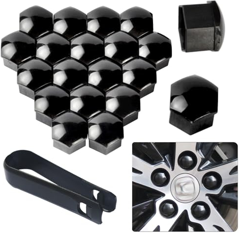 senvenelec Lot de 20 cache-écrous universels en plastique de 19 mm (noir brillant) pour écrous de pneu, cache-écrous de roue, protection décorative, anti-poussière, livré avec un crochet extensible en