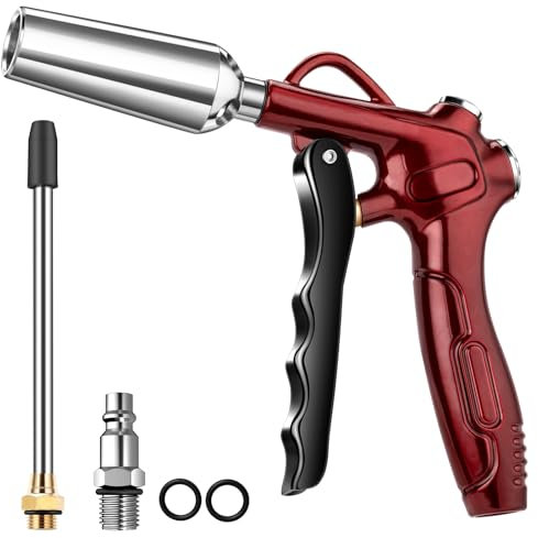 High Volume Air Blow Gun with Powerful Flow Nozzle, Retro Red Air Nozzle Blower Gun with 4.9 Stainless Steel Extension & 1/4'' Standard Quick Plug, Pneumatic Tool for Air Compressor Accessories