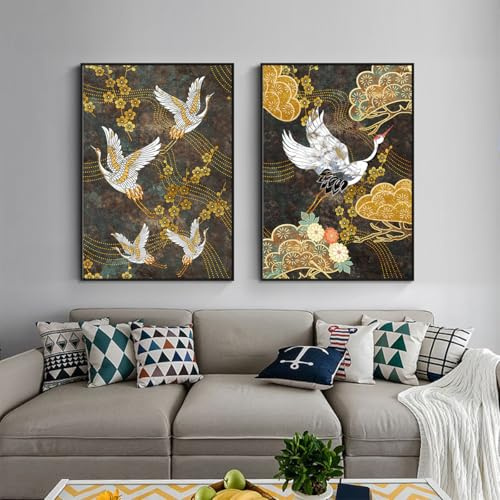 Impresión de grúa japonesa, lienzo japonés, arte de pared, impresión moderna sobre lienzo para sala de estar, pintura sin marco (A, 60 x 90 cm x 2)