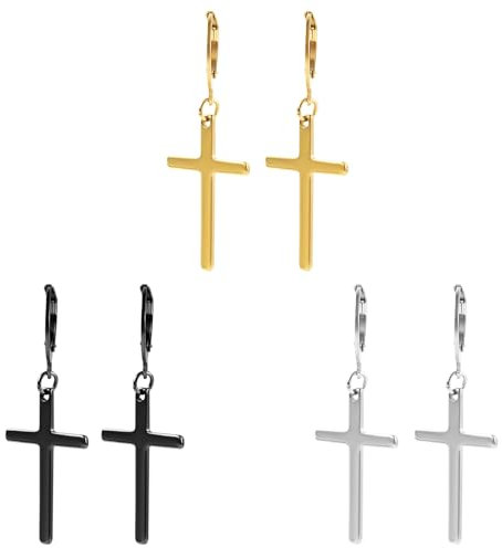3 Pairs Cross Earrings, Stylish Stainless Steel Dangle Earrings for Men Gold Black Silver Crucifix Cross Earrings for Men Jewelry Gift