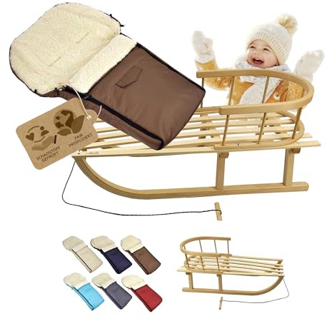 KOMBI-erbjudande träsläde med ryggstöd och dragrep universell vinteråkpåse (90 cm), även lämplig för babystol, barnvagn, buggy, av ull UNI (brun)