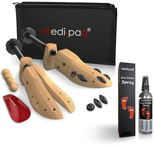 Medipaq Adjustable Shoe Stretchers with Shoe Stretching Spray – 2x Wooden Shoe Trees with Cedar Balls, Stretch Plugs & Storage Bag – Fits UK Sizes 3–8 for Women