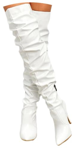 ticticlily Femmes Bottes Au Genou Bottes Elegant Zip Bottes Longue Talons Hauts D Blanc 39 EU