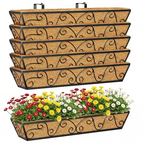 HFHOME 6Pcs 76.2cm/30in Hanging Flower Boxes, Large Metal Planter Box with Coconut Coir, Gardening Kit for Railing Window Box Porch Balcony & Outdoor Fences