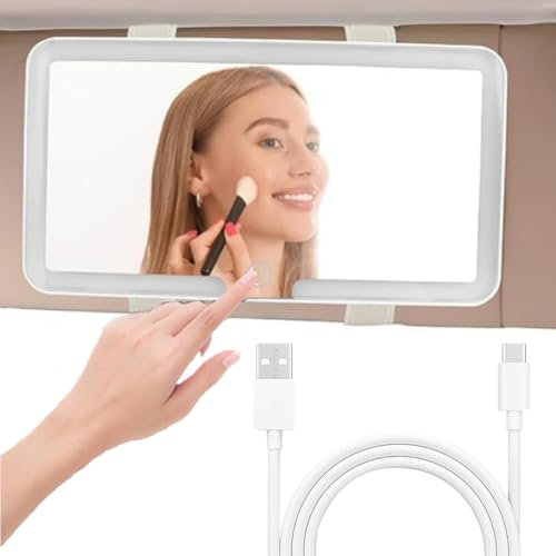 Car Vanity Mirror with LED Lights, Rechargeable Sun Visor Makeup Mirror, Touch Control Cosmetic Mirror with 3 Adjustable Light Modes, USB Charging, Sun Visor Mirror Car Interior Accessories for Women