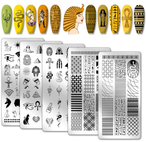 PH PandaHall Placas de estampado de uñas con elementos egipcios, plantillas de arte de uñas de faraón, plantillas de arte de uñas de serpiente, placas de acero inoxidable para mujer, diseño de uñas,