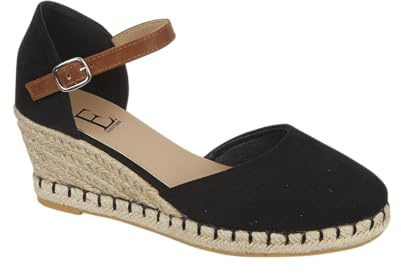 Shoes By Emma Women's Faux Suede Peep Toe Elasticated Slingback Hessian Espadrille Wedge Sandals (Black, UK Footwear Size System, Adult, Women, Numeric, Medium, 6)