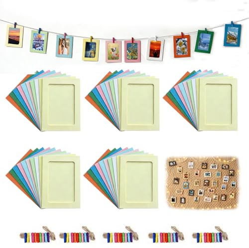 Hexizexi 50 Pcs 4x5 Inch Paper Photo Frames Colorful Cardboard Photo Frames | Hanging Paper Picture Frames with 50 Wooden Clips and 5 Hemp Ropes for Home Office Birthday Wedding Wall Decor
