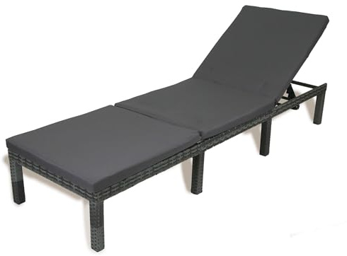 Solterra Rattan Sun Lounger with Cushion – Outdoor Garden Chair with 6 Position Adjustable Backrest – Rattan Sunbed for Patio, Decking & Poolside