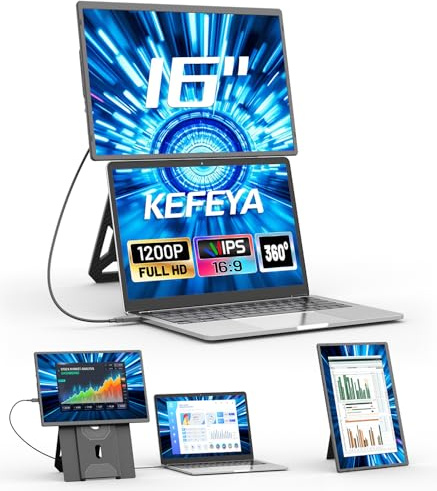 KEFEYA Bärbar skärm, 16 tum FHD 1 200P, dubbel förlängning av bärbar dator, bildskärm med 360° magnetiskt stativ, reseskärm för alla bärbara datorer, plug and play för Windows/Mac/PC/Xbox