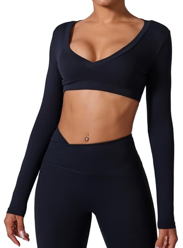 FEOYA Damen Rückenfrei Sport Tops Langarm Gym Crop Top Eng Sportshirt mit BH V-Ausschnitt Langarmshirt Bauchfrei Yoga Top Fitness, Negro , L