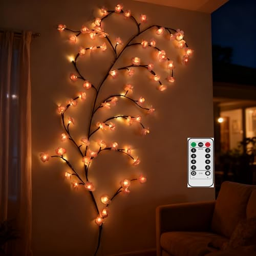 47 Inch Cherry Blossom Tree Light with Remote, 48 LED Cherry Blossom Branch Lights for Wall, 8 Lighting Modes&Timer, Flexible DIY Indoor Decoration for Home, Christmas, Wedding, Party (48LED-47inch)