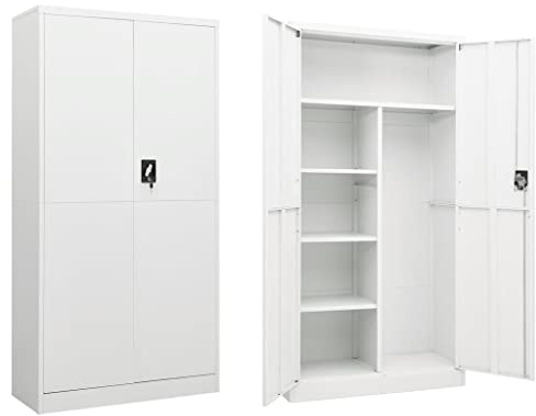 CIOURSTO Armadio in Acciaio, Spazio Sufficiente, Armadio con 2 ante e 4 Accessori per Attrezzature Sportive o Prodotti per la Pulizia, 2 Chiavi (Bianca)