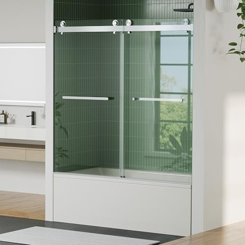 Frameless Double Sliding Shower Door - 56 to 60 Inch Adjustable Width x 59 Inch Height, 1/4 (6mm) Clear Tempered Glass with Easy-Clean, Space-Saving Bypass Design, Brushed Nickel Finish for Bathroom