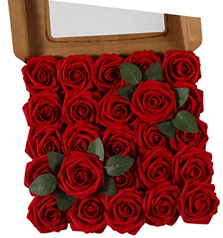 Ruiuzioong Künstliche 25 Stück Rosen Blumen Schaumrosen Foamrosen Kunstblumen Rosenköpfe Gefälschte Kunstrose Rose für Hochzeit Blumensträuße Braut Zuhause Dekoration (Weinrot, 25 Stück)