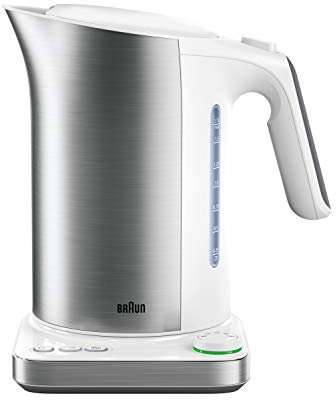 Braun Wasserkocher WK 5115 WH – IDCollection Teekocher mit Schnellkochsystem & Warmhaltefunktion, 5 Temperaturstufen ideal für Tee, 1,7 L Füllmenge, 3000 Watt, Weiß/Edelstahl