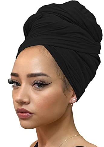 Kachanaa Stretch Turban Head Wrap Hair Scarf Solid Color African Long Shawl Headbands Soft Stretchy for Women(Black)