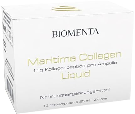 BIOMENTA Maritime Collagen Liquid - Hochdosierter Wirkstoffkomplex - 11000 mg Kollagenpeptide pro Ampulle - 12 trinkfertige Ampullen/Packung – Geschmack: Zitrone - Premiumqualität
