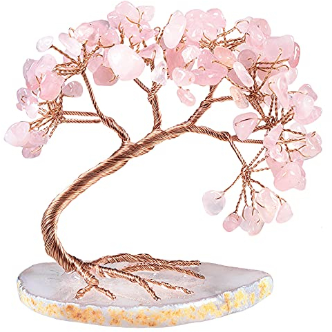 Nupuyai Rose Quartz Crystal Tree with Agate Slice Base, Money Tree Figurines Fengshui Ornament for Home Office Wedding Decoration