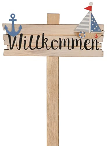 B2S BACK2SEASON Willkommen Schild mit Schiff und Anker zum stecken Holz Tafel Frühlingsdeko Wellcome Deko H=48 cm