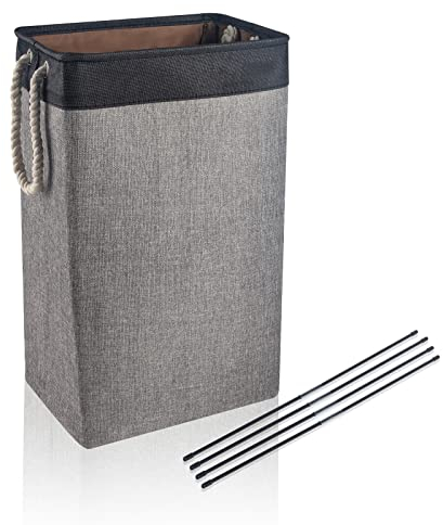 BrilliantJo Upgrade Grands Paniers à Linge 84L, Panier à Linge Pliable en Lin avec Poignées, Corbeille à Linge adaptée aux Chambres Buanderie, Salle de Bain, 68 * 42 * 31 cm, Noir+Gris