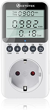 KETOTEK Stromzähler für Steckdose, Energiekostenmessgerät Strommessgerät mit LCD Bildschirm, Stromverbrauchsmesser, Stromzähler für Zuhause, Überlastsicherung 3680W