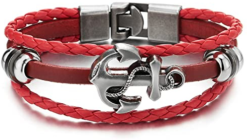 COOLSTEELANDBEYOND Ancre Multi-Brin Homme Garçons Bracelet en Rouge Cuir Tressé - Entrelacé - Envelopper Bracelet