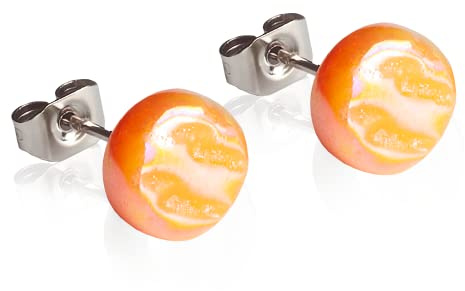 Runde Ohrstecker orange mit Stein in Perlmuttoptik • Bunte Ohrringe für Damen • Nachhaltiger Modeschmuck aus Edelstahl & Glas • Ø 8mm
