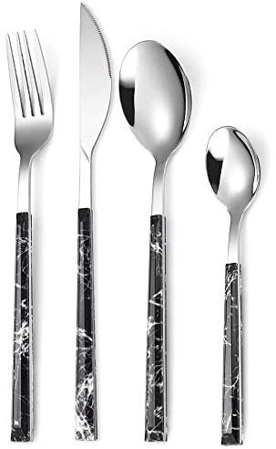 Vajilla Juego de cubiertos de plata de color mármol de 24 piezas Juego de cubiertos de acero inoxidable Cuchillo para bistec Tenedor Cuchara Juego de cubiertos Adecuado para servir Servicio de cena