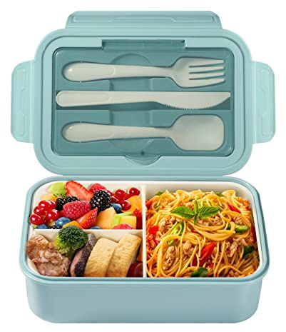 Diboniur Lunchbox Brotdose mit Besteck Erwachsene Kinder 1400ML Bento Box für Mikrowelle, Spülmaschine, Schule, Picknick, Arbeit (Blau)