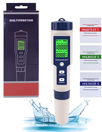 RoseFlower 5 in 1 PHmetro digitale con TDS EC Salinità Temperatura pH Tester multiparametro ad alta precisione impermeabile IP67 Misuratore pH acqua per Acqua Potabile, Acquario, Piscina, Spa