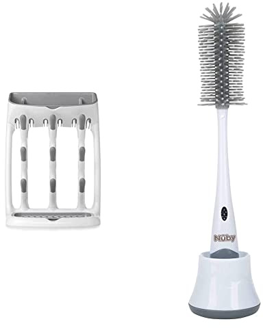 OXO Tot Space Saving Drying Rack & Nuby Baby Bottle Cleaning Brush. 2 in 1 Bottle and Teat Cleaning Brush with Hygiene Stand, White