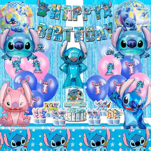POVALLOV 50 Stück Geburtstagsdeko, Stitc geburtstagsdeko, Stitc Party Deko, Happy Birthday Girlande, Tortendeko, Lametta Vorhang, Happy Birthday Ballon, Geburtstag Kinder Set