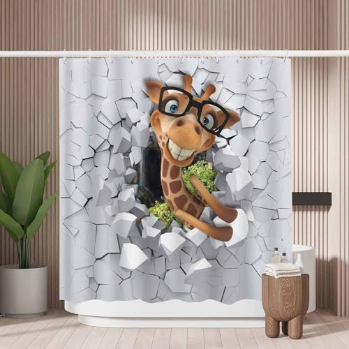 Woutay Shower Curtain Mould Proof Resistant Giraffe Peeping from A Broken Wall,Water Repellant Fabric,Polyester,with 12 Plastic Hooks