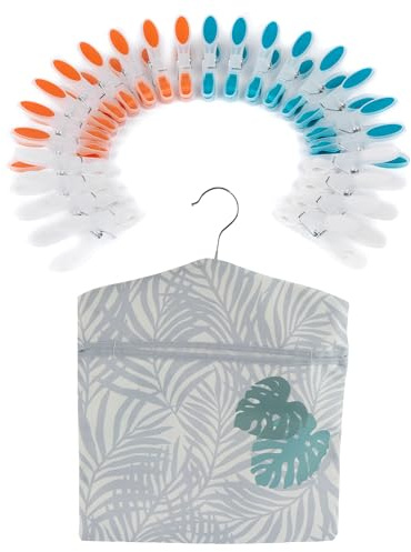 Beldray COMBO-9045 Peg Bag & Pegs – Palm Print Clothespin Storage Sack with Hanger, 24-Pack Durable Clothes Pegs, Rust & Moisture Resistant, Recycled Plastic, for Washing Line, Indoor/Outdoor