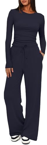 Darong Set da donna 2 pezzi autunno abiti manica lunga gamba larga tuta casual lounge set coordinato, Blu scuro (cucitura interna 78,7 cm), X-Small
