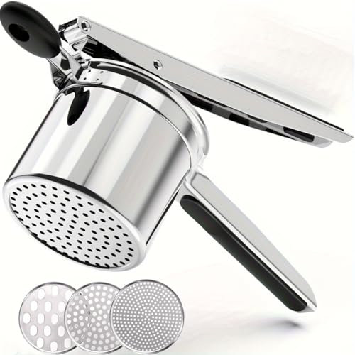 Presse-purée robuste avec 3 disques interchangeables en acier inoxydable pour purée de pommes de terre moelleuse, machine à spaetzle, presse à pommes de terre (argent)